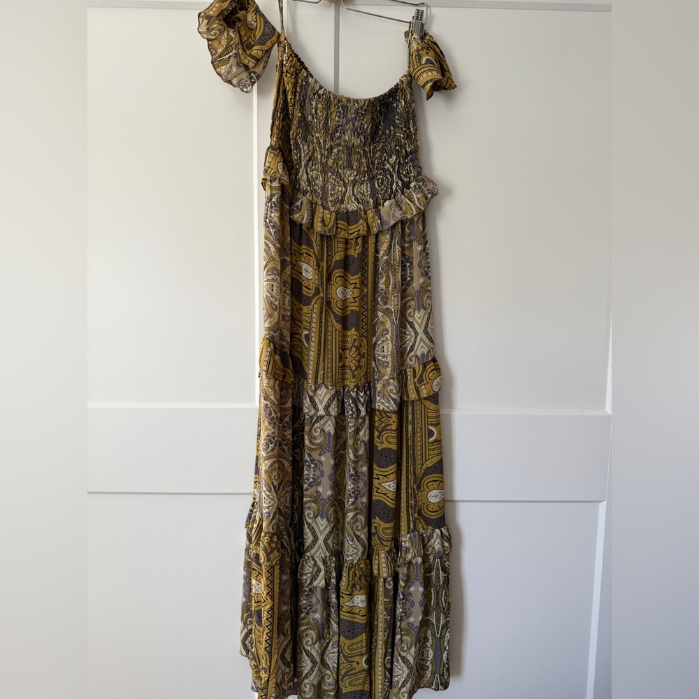 Yellow Paisley Off Shoulder Boho Maxi Dress sz M Festival Indie Airy Celestial - Picture 5 of 9